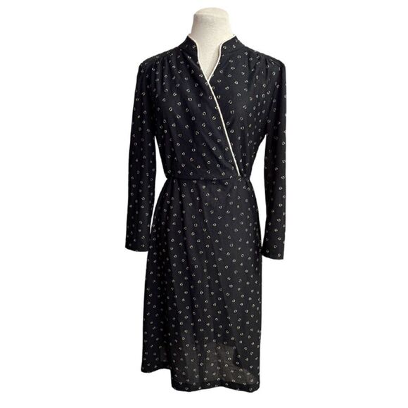 Black and Cream Print Vintage 60's Cross Bust Dress Size 10 - Picture 2 of 9